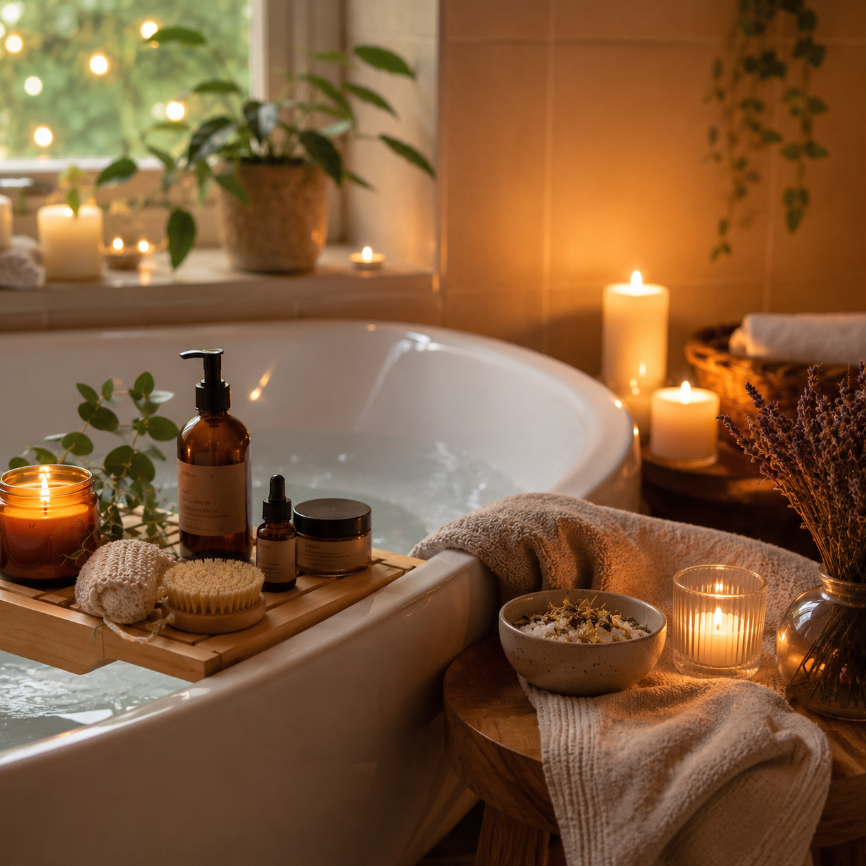 Wellness zuhause mit Badewanne, Kerzen und natürlichen Pflegeprodukten