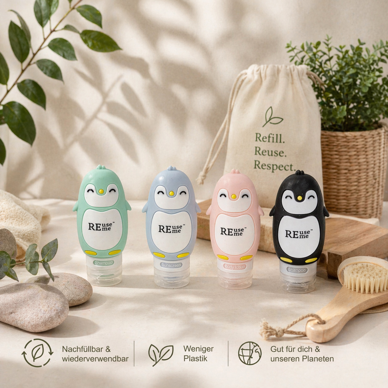 ReUseMe Pinguin Kosmetik Reiseflasche aus Silikon, 90ml in 4 Farben erhältlich