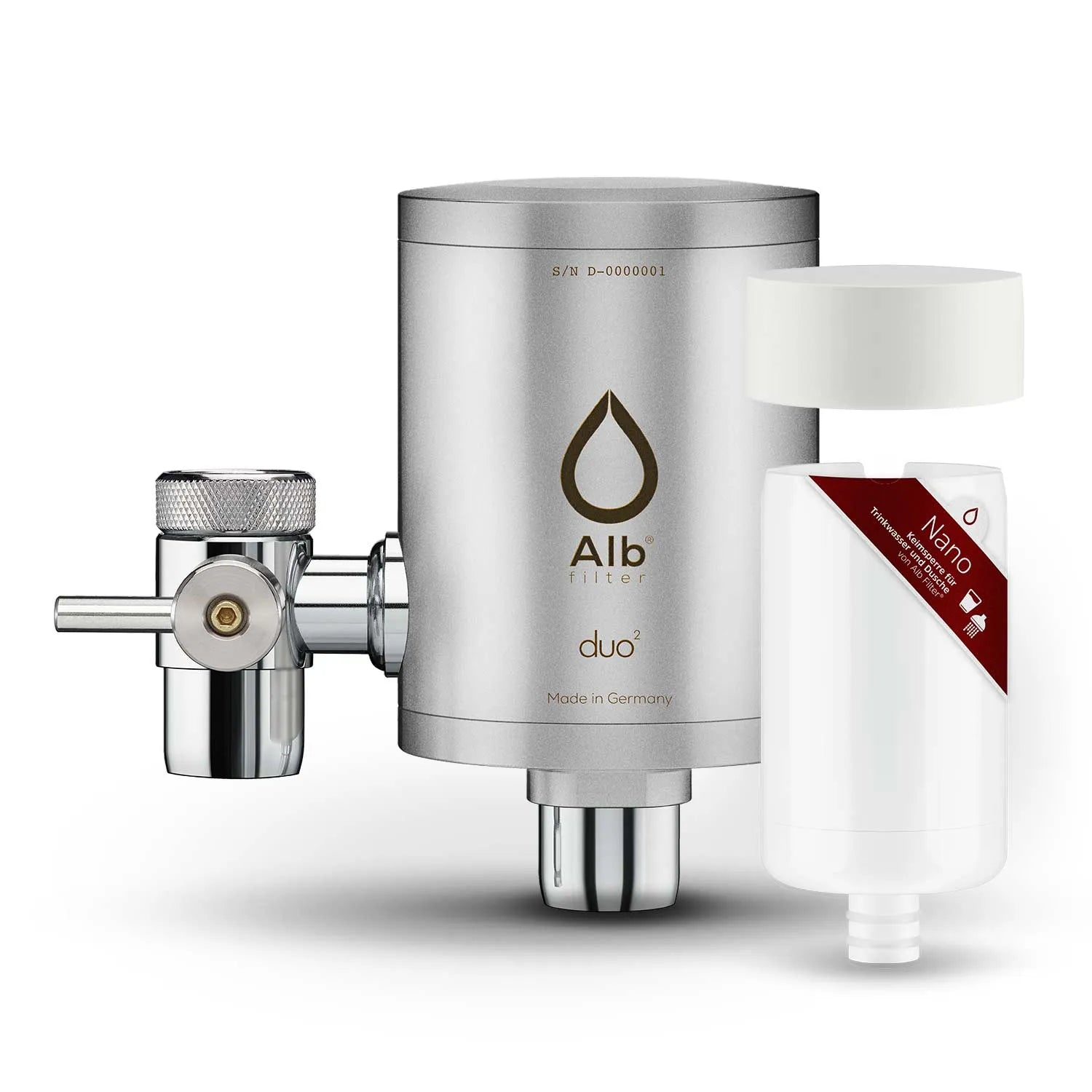 Alb Filter Duo mit Nano-Kartusche und Vorfilterhut in der Farbe Edelstahl Matt