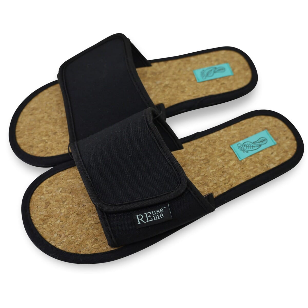 ReUseMe Slippers mit Klettverschluss und Kork Innensole, schwarz