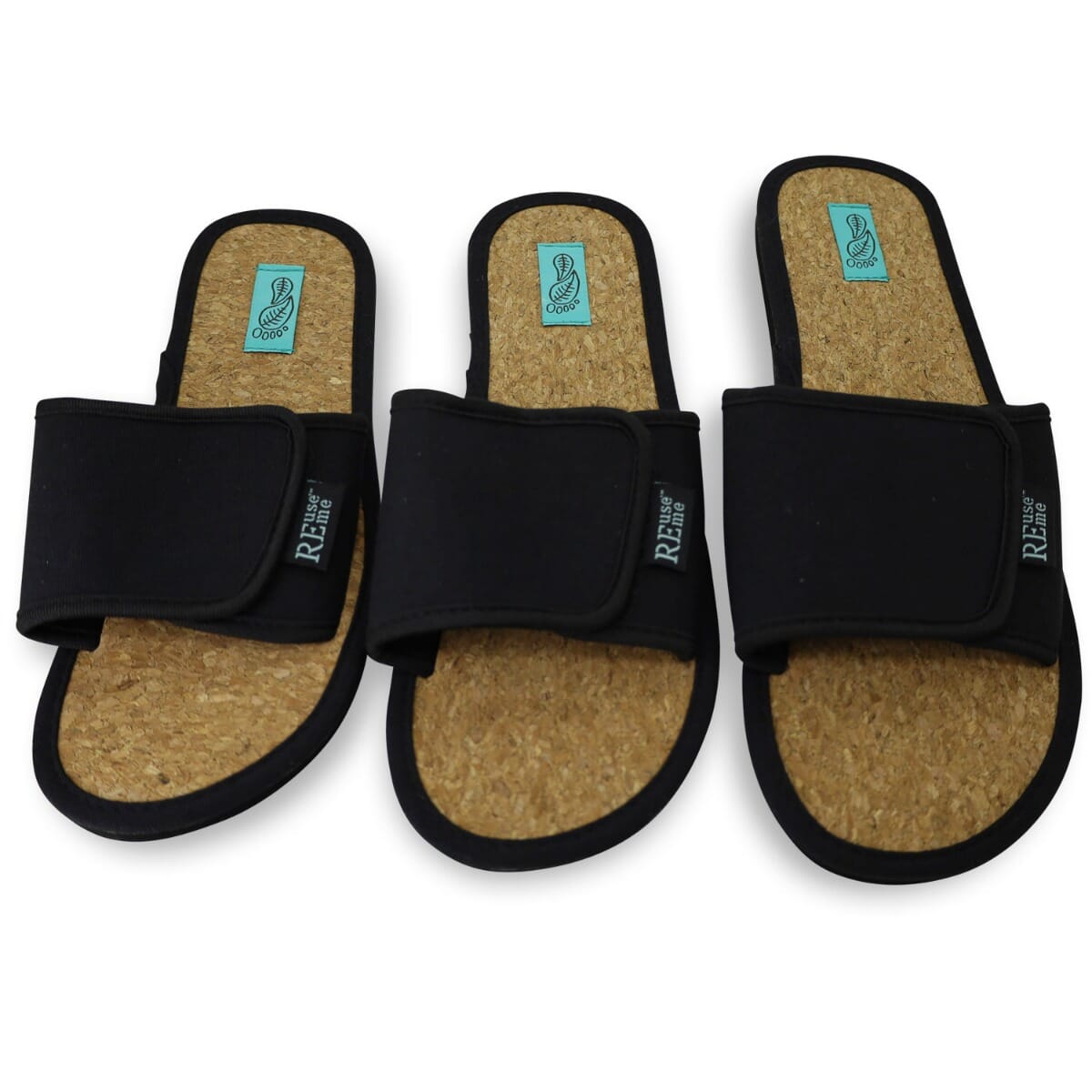 ReUseMe Slippers mit Klettverschluss und Kork Innensole, schwarz