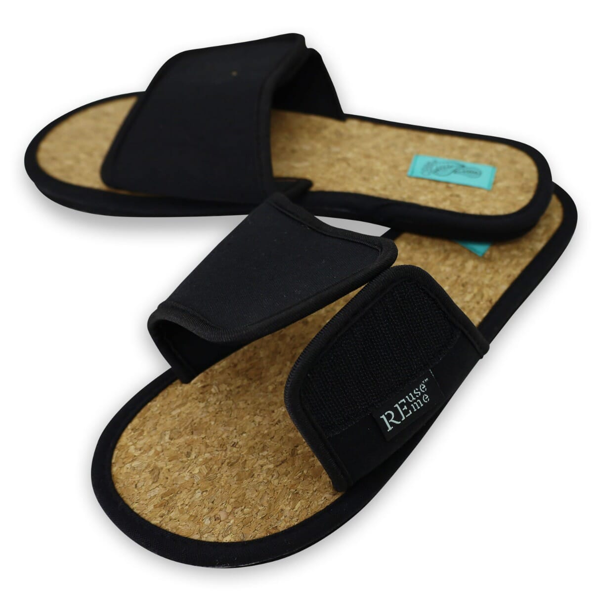 ReUseMe Slippers mit Klettverschluss und Kork Innensole, schwarz